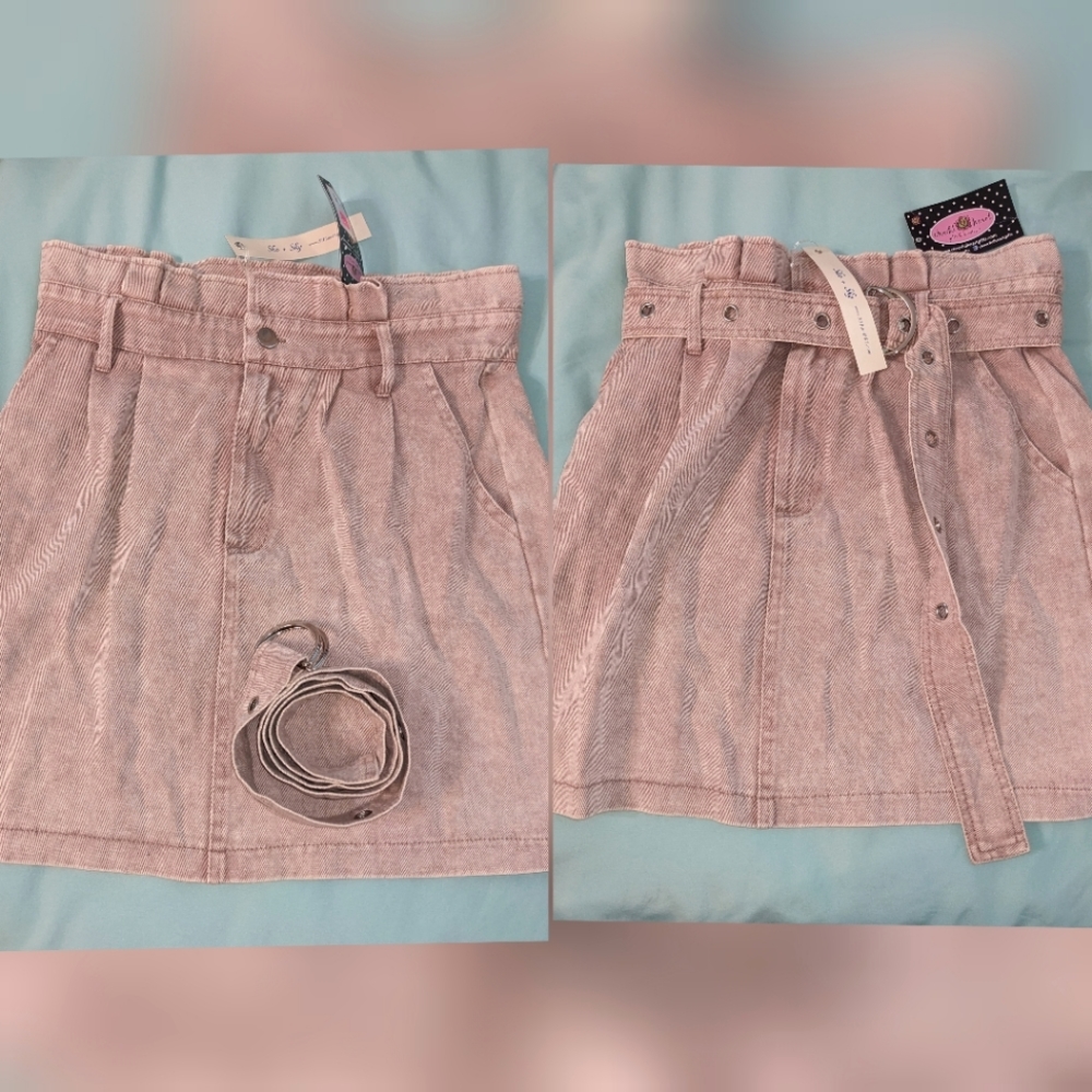 She and Sky denim mini skirt with pockets and removable belt beige pink